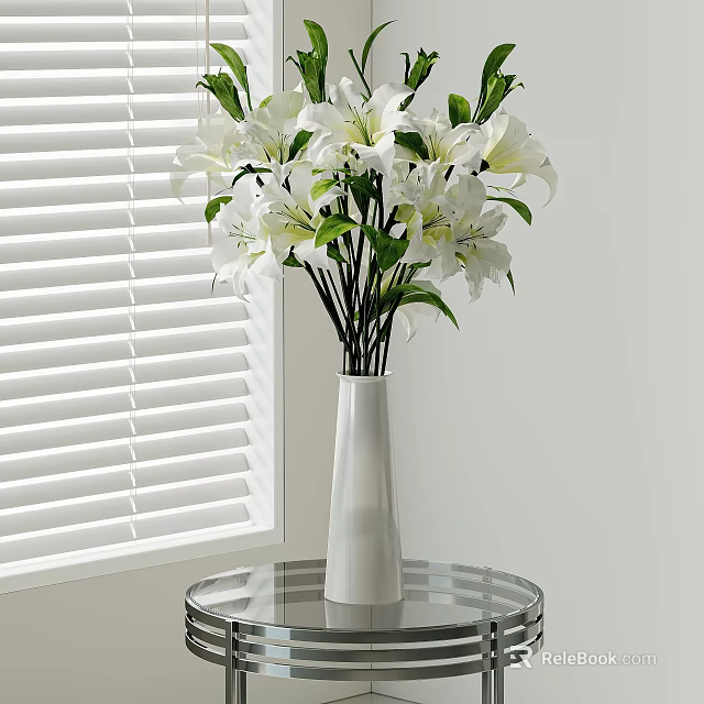 White Vase with White Lilies on Glass Round Table by White Blinds 3d model 