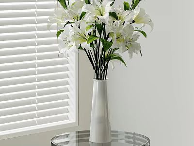 White Vase with White Lilies on Glass Round Table by White Blinds 3d model