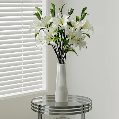 White Vase with White Lilies on Glass Round Table by White Blinds 3d model