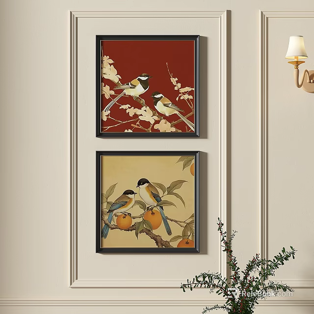 Framed Bird Paintings With Floral And Fruit Elements For Wall Decor 3d model