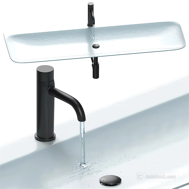 Modern White Washbasin Design With Black Faucet Running Water And Smooth Countertop 3d model 