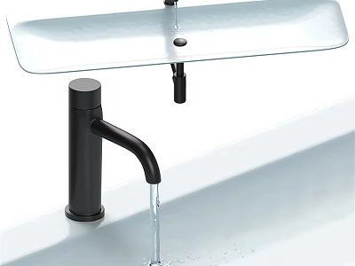 Modern White Washbasin Design With Black Faucet Running Water And Smooth Countertop 3d model