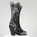 Black Leather Cowboy Boots With High Shaft Stars Spiral Design And Pearl Studs