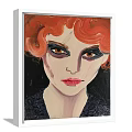 Female Portrait Painting with Red Curly Hair Bold Makeup and Black Lace Top