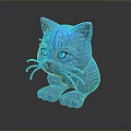 Blue Cat Figurine with Bright Blue Eyes on Black Background and Shiny Reflection