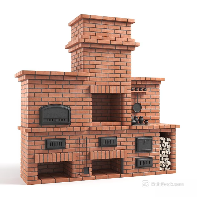 Traditional Brick Kitchen Cookware With Multiple Ovens Chimney And Firewood Storage 3d model 