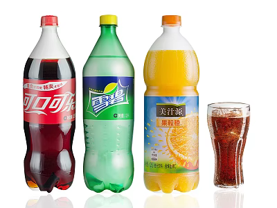 Assorted Bottled Beverages Including Cola Lemon Soda And Orange Juice With Glass 3d model