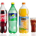 Assorted Bottled Beverages Including Cola Lemon Soda And Orange Juice With Glass