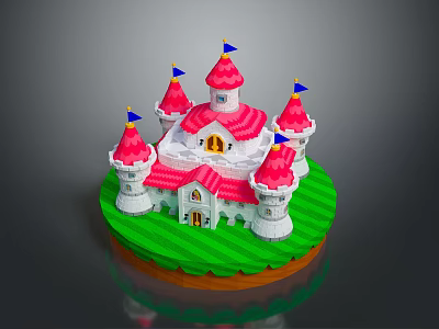 Fairy Tale Castle Model With White Towers Pink Roofs Blue Flags And Green Grass Base 3d model
