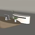 Modern Wooden And White Curved Cashier Counter Featuring Computer Monitor Vase And Green Plants