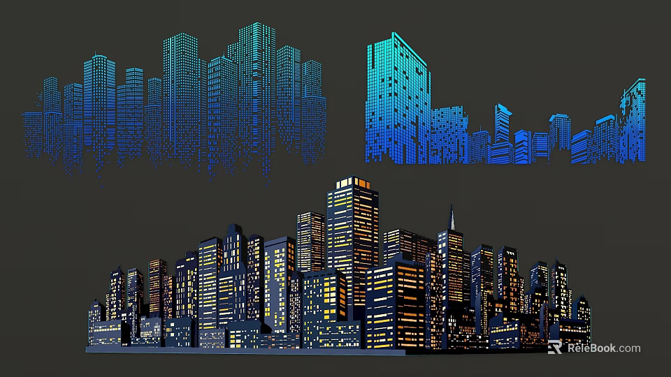 Urban Night City Skyline With Decorative Lights Illuminating High Rise Buildings 3d model 