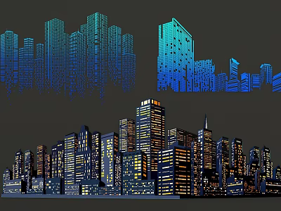 Urban Night City Skyline With Decorative Lights Illuminating High Rise Buildings 3d model
