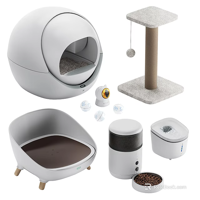 Essential Pet Supplies For Cats Including Litter Box Scratching Post And Feeder 3d model 