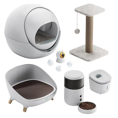 Essential Pet Supplies For Cats Including Litter Box Scratching Post And Feeder 3d model