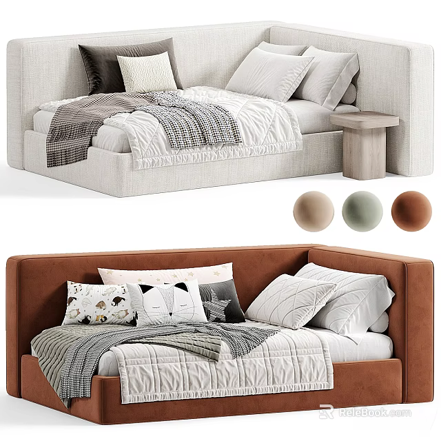 Modern Upholstered Children's Bed With Soft Pillows Blankets And Multiple Color Options 3d model 