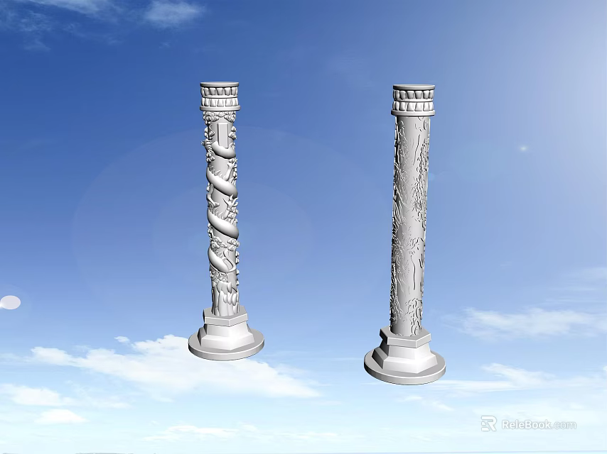 White Carved Classical Columns With Intricate Designs Against Blue Sky and White Clouds 3d model 
