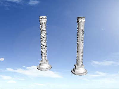 White Carved Classical Columns With Intricate Designs Against Blue Sky and White Clouds 3d model