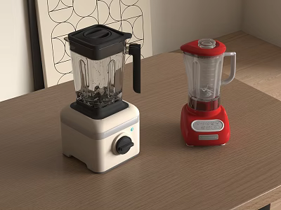 Two Kitchen Blenders In White And Red Colors On Wooden Countertop 3d model