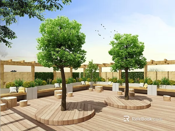 Serene Outdoor Deck Area With Wooden Flooring Trees And Seating Benches 3d model 