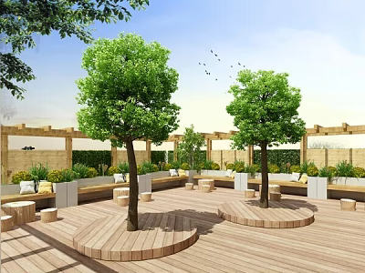 Serene Outdoor Deck Area With Wooden Flooring Trees And Seating Benches 3d model