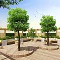 Serene Outdoor Deck Area With Wooden Flooring Trees And Seating Benches