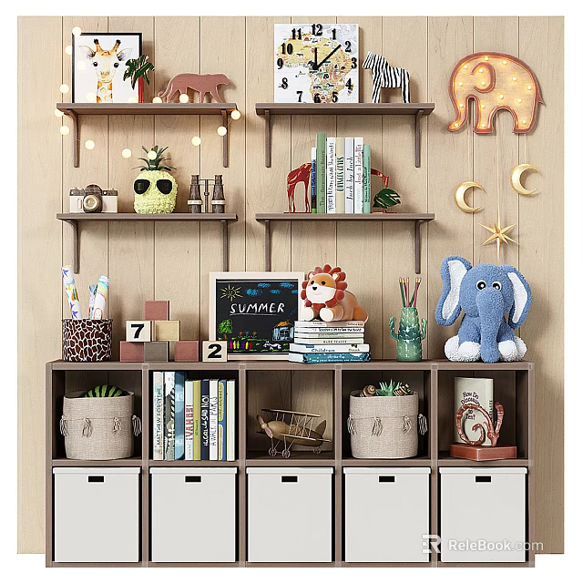 Cute Plush Lion and Blue Elephant Toys on Kids Shelf with Books Chalkboard and Decorations 3d model 