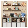Cute Plush Lion and Blue Elephant Toys on Kids Shelf with Books Chalkboard and Decorations