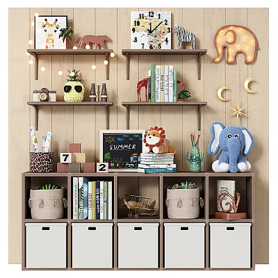 Cute Plush Lion and Blue Elephant Toys on Kids Shelf with Books Chalkboard and Decorations 3d model