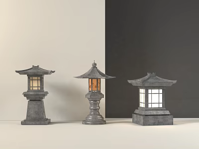 Traditional Japanese Stone Lanterns With Pagoda Tops And Translucent Glass Windows 3d model