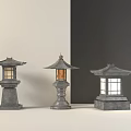Traditional Japanese Stone Lanterns With Pagoda Tops And Translucent Glass Windows