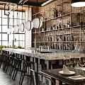 Industrial Style Restaurant Interior With Brick Walls Wooden Ceiling Metal Chairs And Wine Racks