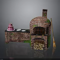 Brick Oven Scene With Counter Pink Cake White Plates Wood Logs Broom And Green Moss