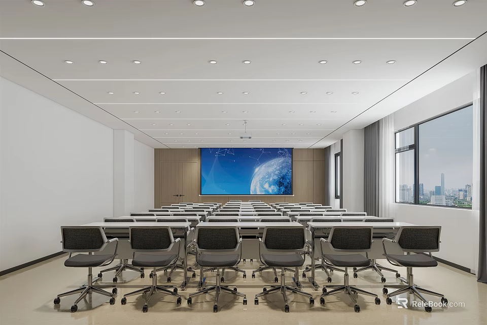 Modern Conference Room Interior Design With Long Table Chairs Large Screen And Windows 3d model
