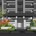Modern Building Entrance Design With Glass Doors Green Plants Outdoor Lighting And Dark Facade
