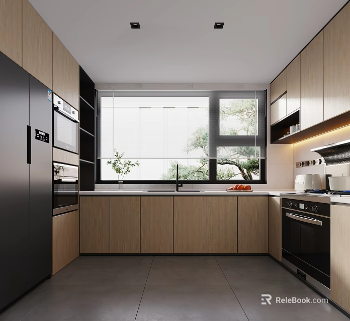 Modern Kitchen Interior With Wooden Cabinets Black Appliances Large Window And Windowsill Plants 3d model 