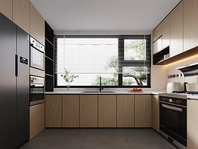 Modern Kitchen Interior With Wooden Cabinets Black Appliances Large Window And Windowsill Plants 3d model