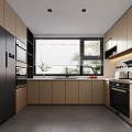 Modern Kitchen Interior With Wooden Cabinets Black Appliances Large Window And Windowsill Plants