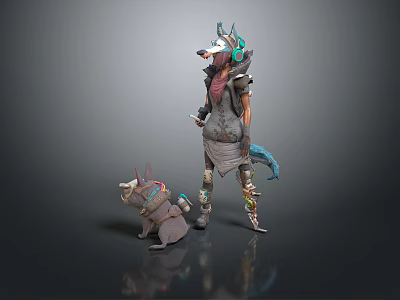 Game And Movie Wolf Like Characters With Blue Ears Tail Decorated Outfits And Small Companion 3d model