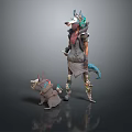 Game And Movie Wolf Like Characters With Blue Ears Tail Decorated Outfits And Small Companion