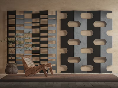 Modern Screens With Striped Lattice And Oval Cutouts Alongside Wooden Chair Plant On Wooden Floor 3d model