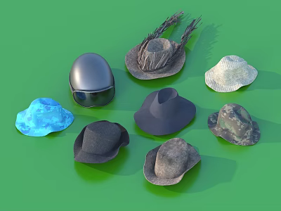 Various Types of Hats Including Helmet Cowboy Straw Camouflage Blue And Black Styles 3d model