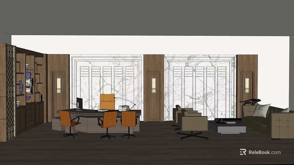 Elegant Office Interior With Wooden Cabinets Marble Walls Desk Chairs And Sofa 3d model 