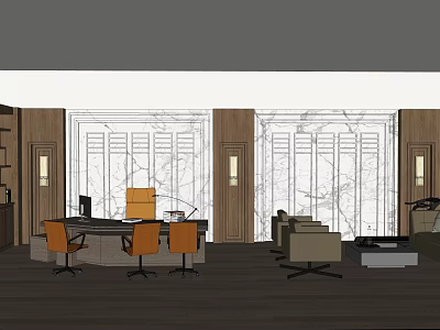 Elegant Office Interior With Wooden Cabinets Marble Walls Desk Chairs And Sofa 3d model