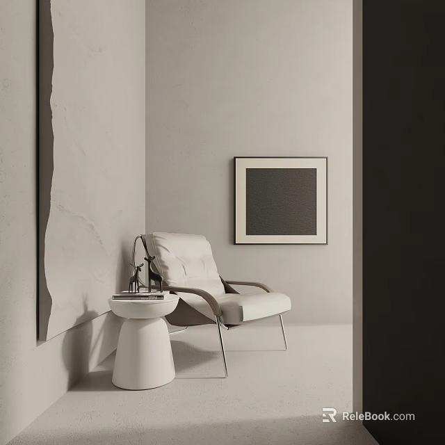 White Modern Leisure Chair In Minimalist Interior Corner With Side Table And Wall Art 3d model 