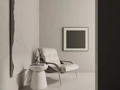 White Modern Leisure Chair In Minimalist Interior Corner With Side Table And Wall Art 3d model