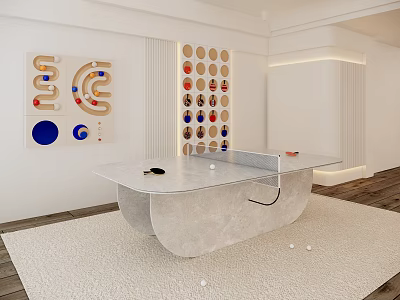 Modern Sports Equipment Table With Silver Surface And Colorful Geometric Wall Decor In Contemporary Room 3d model