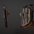 Worn Metal Shields As Medieval Defensive Weapon With Red Black Text Metal Buckle Wooden Texture