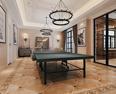Luxurious Game Room Interior Design With Green Ping Pong Table Chandeliers And Decorative Paintings 3d model