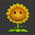 Cartoon Sunflower With Smiling Face Yellow Petals Orange Center And Green Stem Leaves