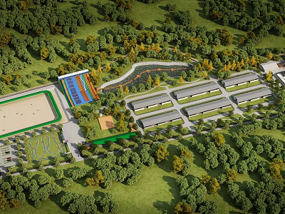 Outdoor Park Complex Featuring Colorful Slide Sports Field Buildings Trees And Water Channel 3d model
